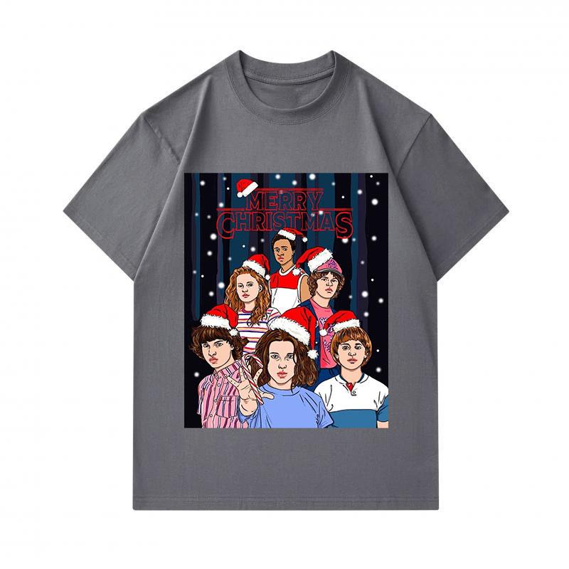 Men's 100% Cotton Crew Neck Short Sleeve T-Shirt, Funny Stranger Themed Christmas Graphic Tee with Santa Hat Xmas Pattern, Casual Soft Daily Wear Tops