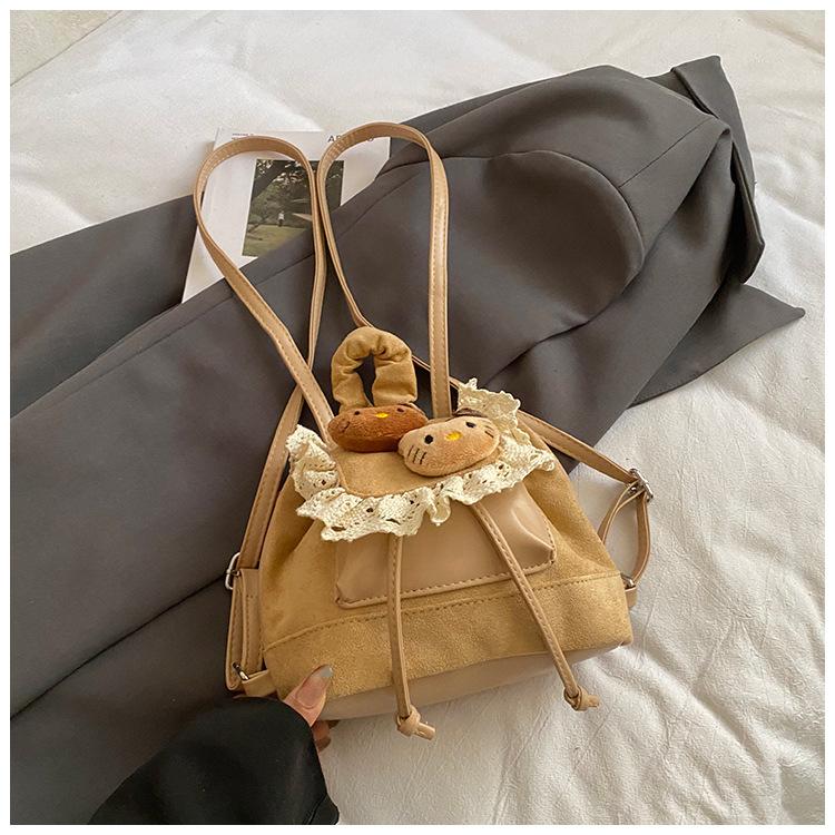 Schoolbag Korean version of high-value cartoon plush doll retro lace backpack women's fashion versatile foreign style travel small backpack