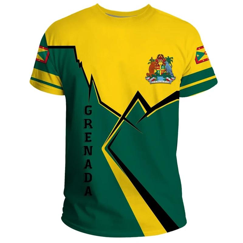 Grenada Flagge Karte 3D Druck T-Shirt Grenada Wappen Grafik Kurzarm T-Shirts Vintage Unisex T-Shirts Herrenbekleidung