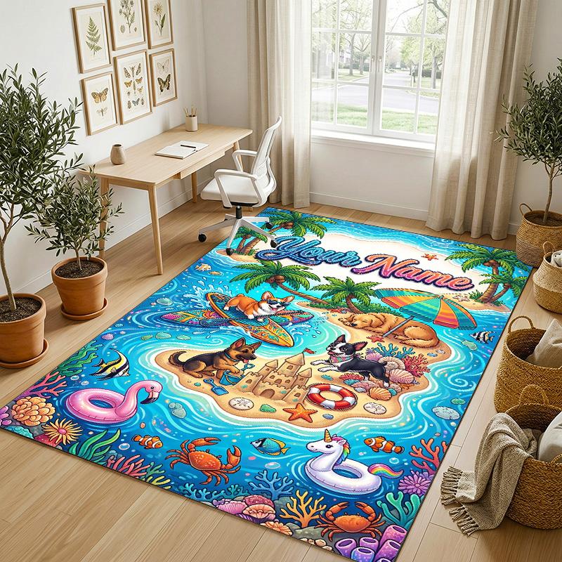 Dog Theme Crystal Velvet Rug Personalized Custom Name Text Soft Floor Mat Home Decor