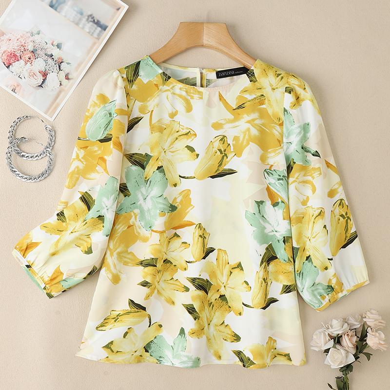 

ZANZEA Женская летняя блузка с круглым вырезом, рукавами 3/4, свободного кроя, с принтом XL жёлтый