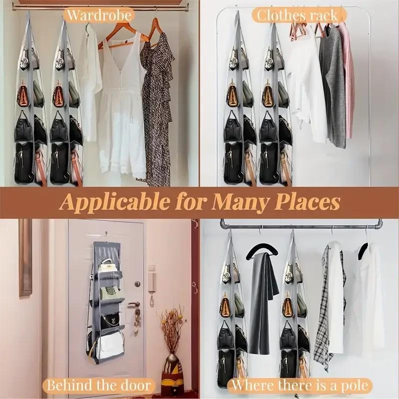 6 Pocket Hanging Handbag Organizer for Wardrobe Closet Gray Waterproof Storage Bag Door Wall Clear Sundry Bag with Hanger Pouch