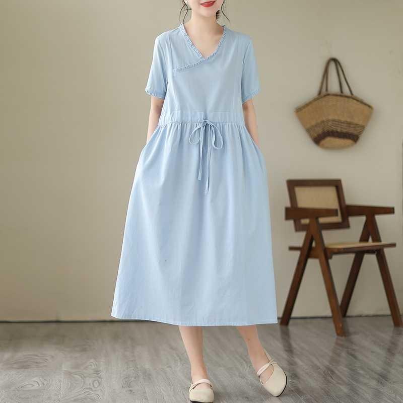 Ethnic Style Wooden Ear Neck Tie Waist Short Sleeve Midi Literary Vintage Dresses