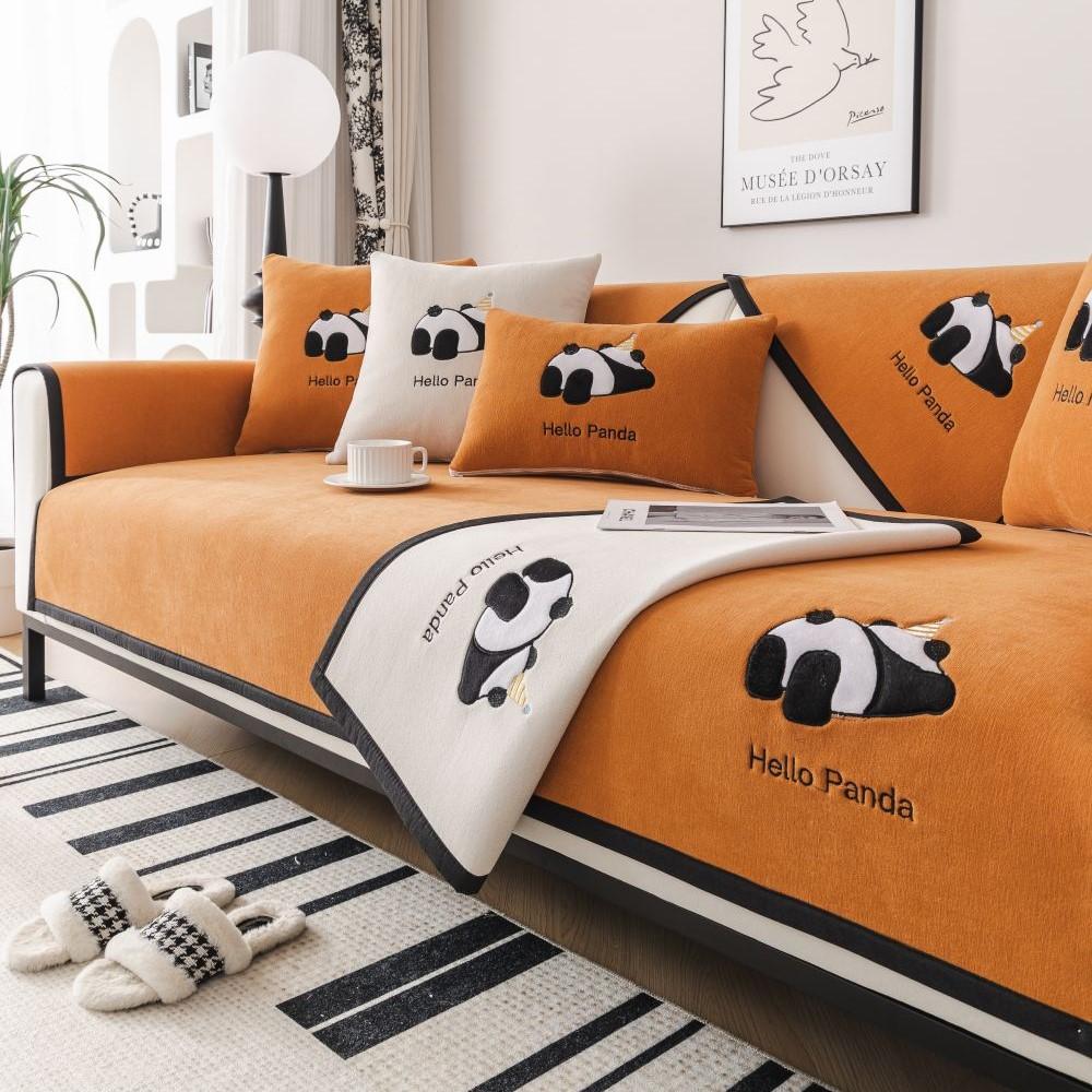 Modern Universal Non-slip Sofa Towel Chenille Solid Color Couch Cover for Living Room Four Seasons Panda Embroidery Sofa Cover