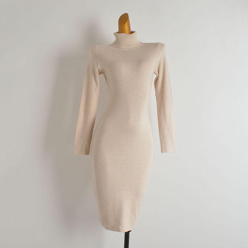

Export Single New Arrival Pure Color Turtleneck Long Sleeves Knitting Dress Women s Clothing Silm Slim Looking Stretch Mid Length Bodycon Dress Apricot color S/M
