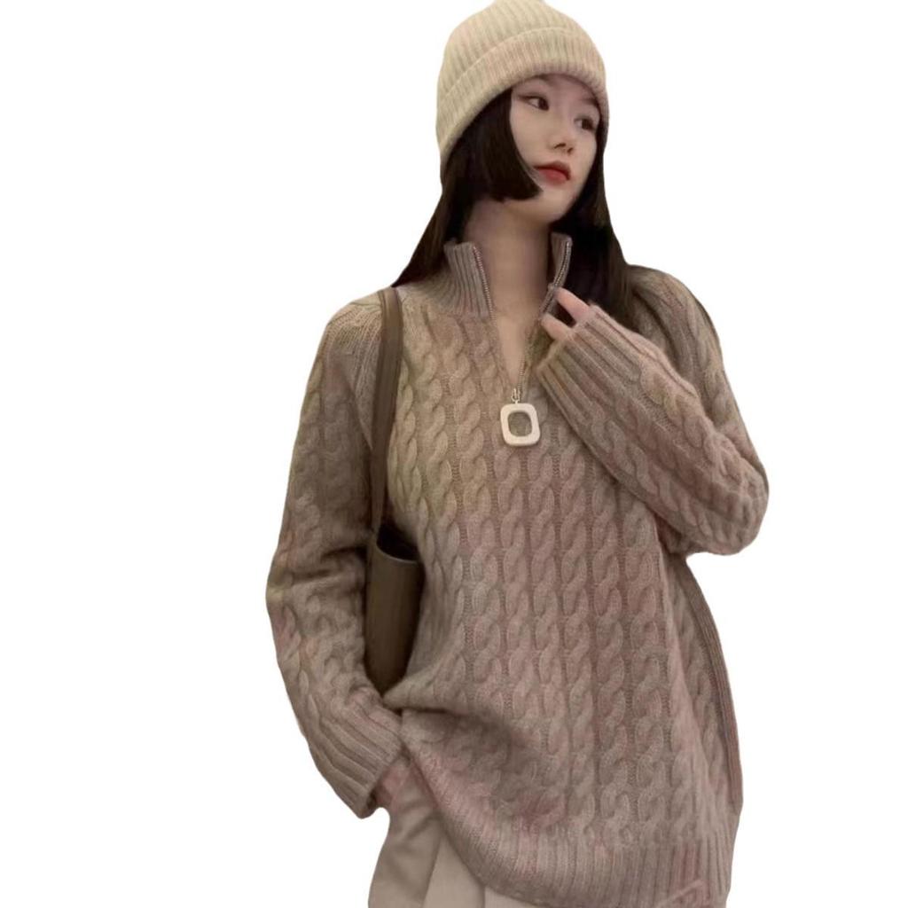 Women's Thickened Half-Zip Pure Wool Sweater - Loose Fit Cashmere Inner Layer, Autumn/Winter Style.