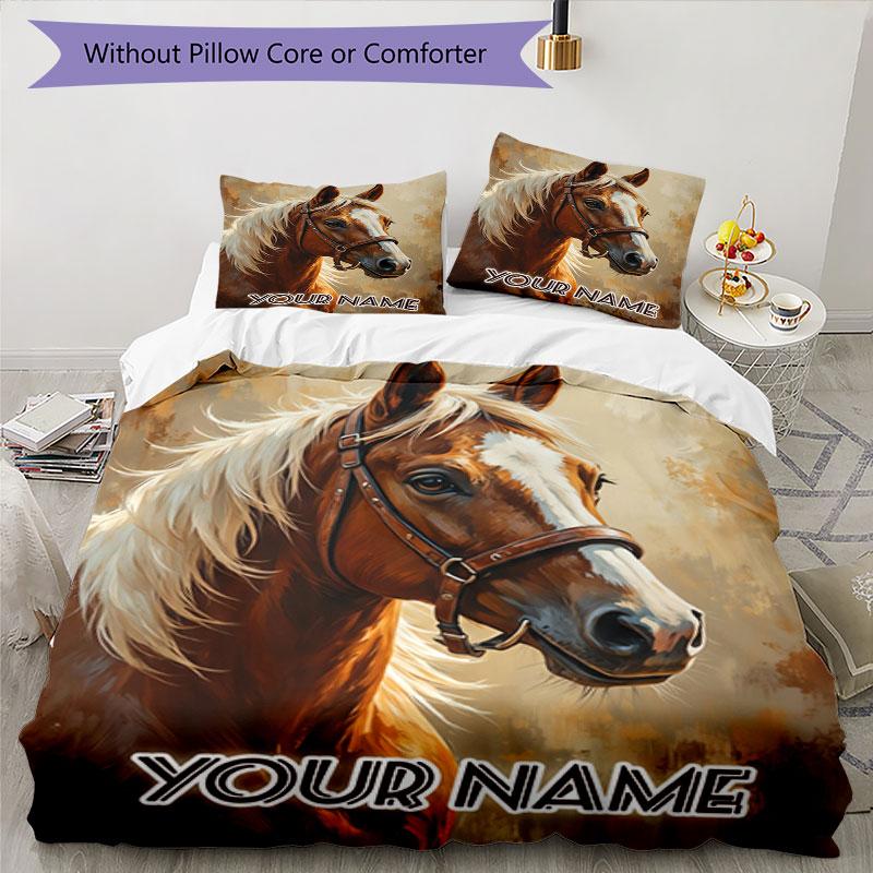 3PC Custom Name Horse Portrait Art Bedding Set Duvet Cover Closure Includes 1 Duvet Cover & 2 Pillowcases for Bedroom
