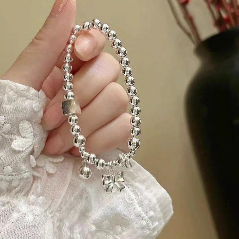 S925 Sterlingsilber Schleife Perlenarmband - Handgefertigt Elastische Kordel, Perfektes Süßes Geburtstagsgeschenk für Frauen