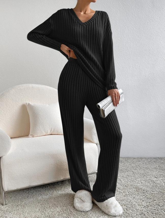 Autumn and winter cross-border European and American new fashionable casual straight-leg pants, elegant loose V-neck groove strip two-piece set 