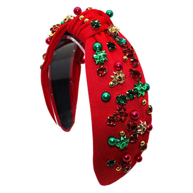 Bandeau de Noël Européen Américain avec Strass, Perles et Fleurs Métalliques 3D - Accessoire de Cheveux Festif pour Femmes