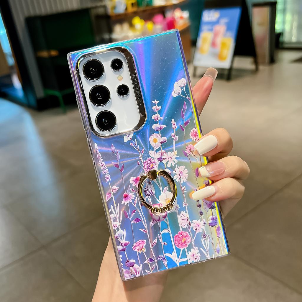 Electroplated Laser Flower Imd with Ring Buckle Bracket S24 Mobile Phone Case S25Ultra Anti-drop All-inclusive A56 Hard Case