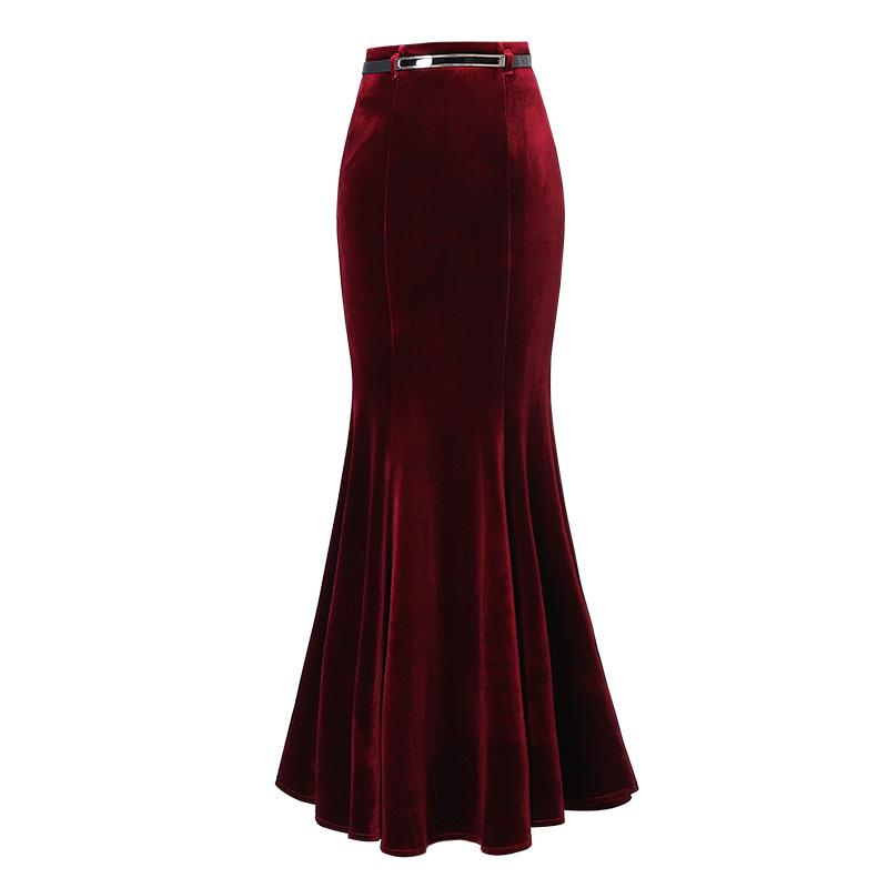 2025 Guld Sammet Fisksvans Volang Lång A-linje Kroppsnära Kjol för Höst/Vinter