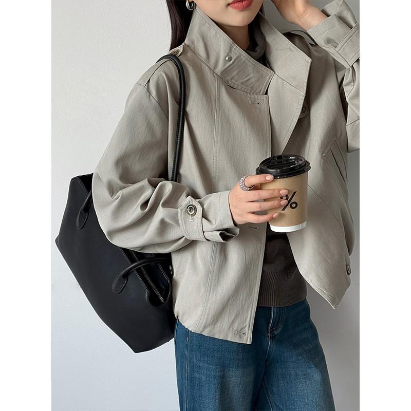 Womens Korean Style Stand Collar Loose Trench Coat Lightweight Casual Outerwear In Beige Gray Taupe