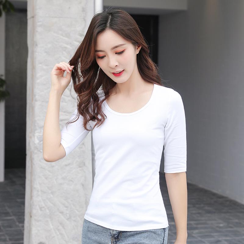 Women's Pure Cotton Three-Quarter Sleeve Slim Fit Mock Neck T-Shirt for Spring and Autumn 2022