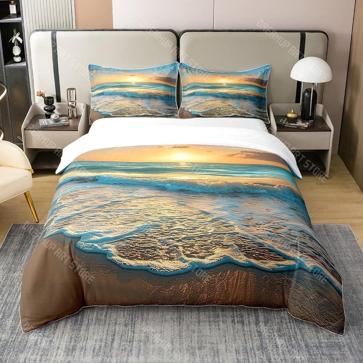 

Beach Theme King Queen Size Ocean Wave Sunset Duvet Cover Coastal Nautical Quilt Cover Sea Landscape Comforter EU Single 90x200cm