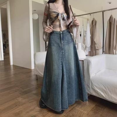 2024 Frühjahr/Sommer Damen High Waist Korean Nostalgic Washed Denim Maxirock