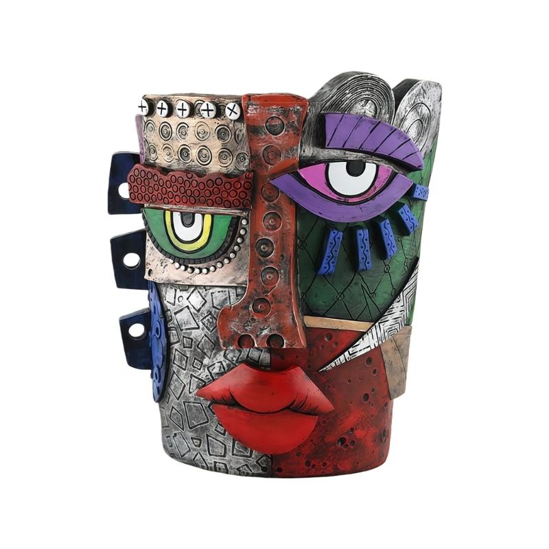 Vibrant Abstract Face Pot Handcrafted Art Piece Drainage Hole Included Anti Fade Suitable For Indoor And Outdoor Spaces