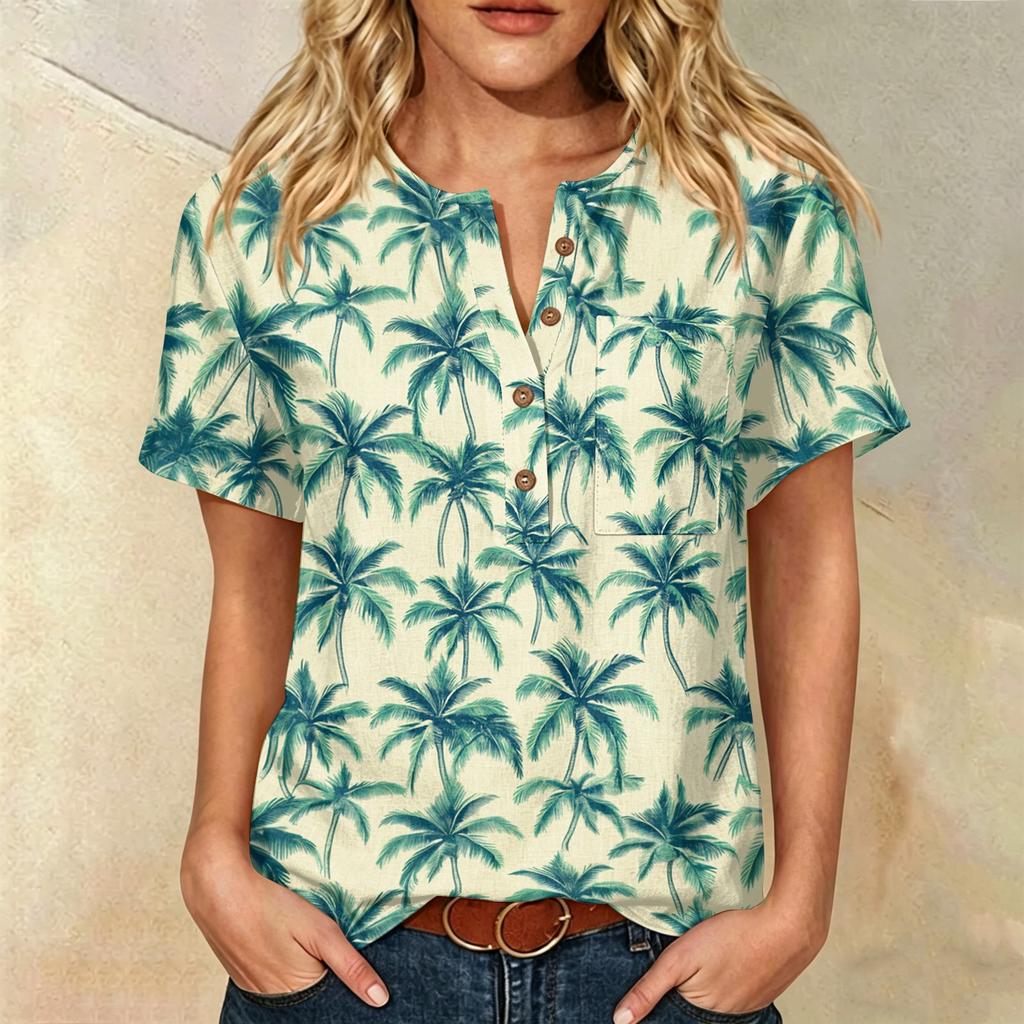 Damen Kurzarm Hemd aus Leinen-Baumwollmischung Henley Knopfleiste Brusttasche Blumendruck Lässiges Sommer Top
