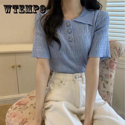 Zomer Zoet en Koel Chic Korte Mouwen Dames Dun Trendy Design Niche Gebreide POLO Kraag T-shirt Top