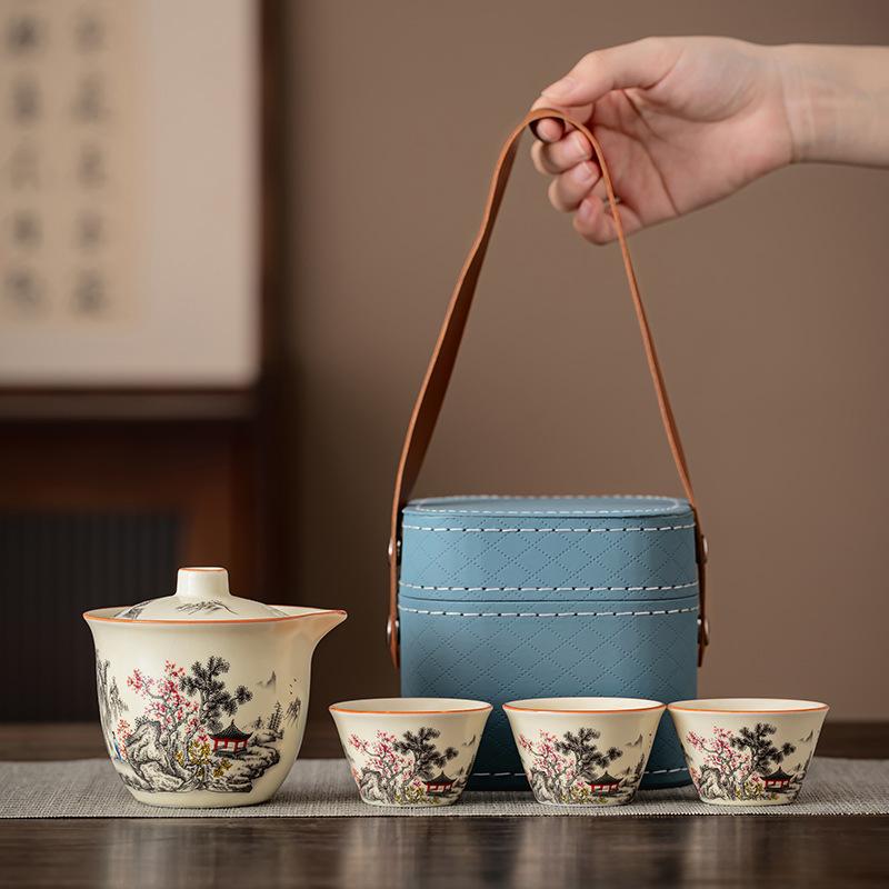 New Chinese-style simple and portable outdoor hand-held pot, high-end leather bag, express cup set, corporate annual meeting souvenir