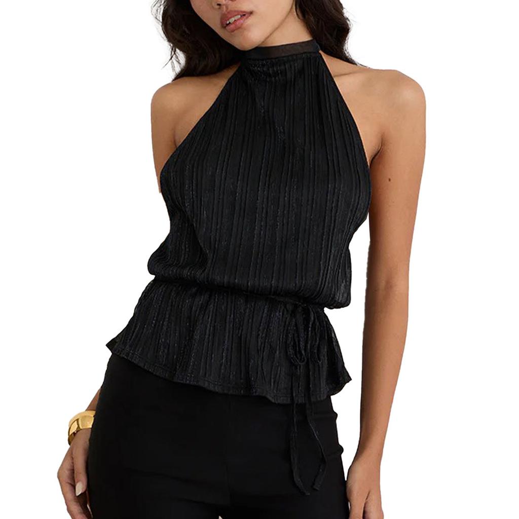Sexy striped new sleeveless hollow straps backless and thin European and American irregular neck, top