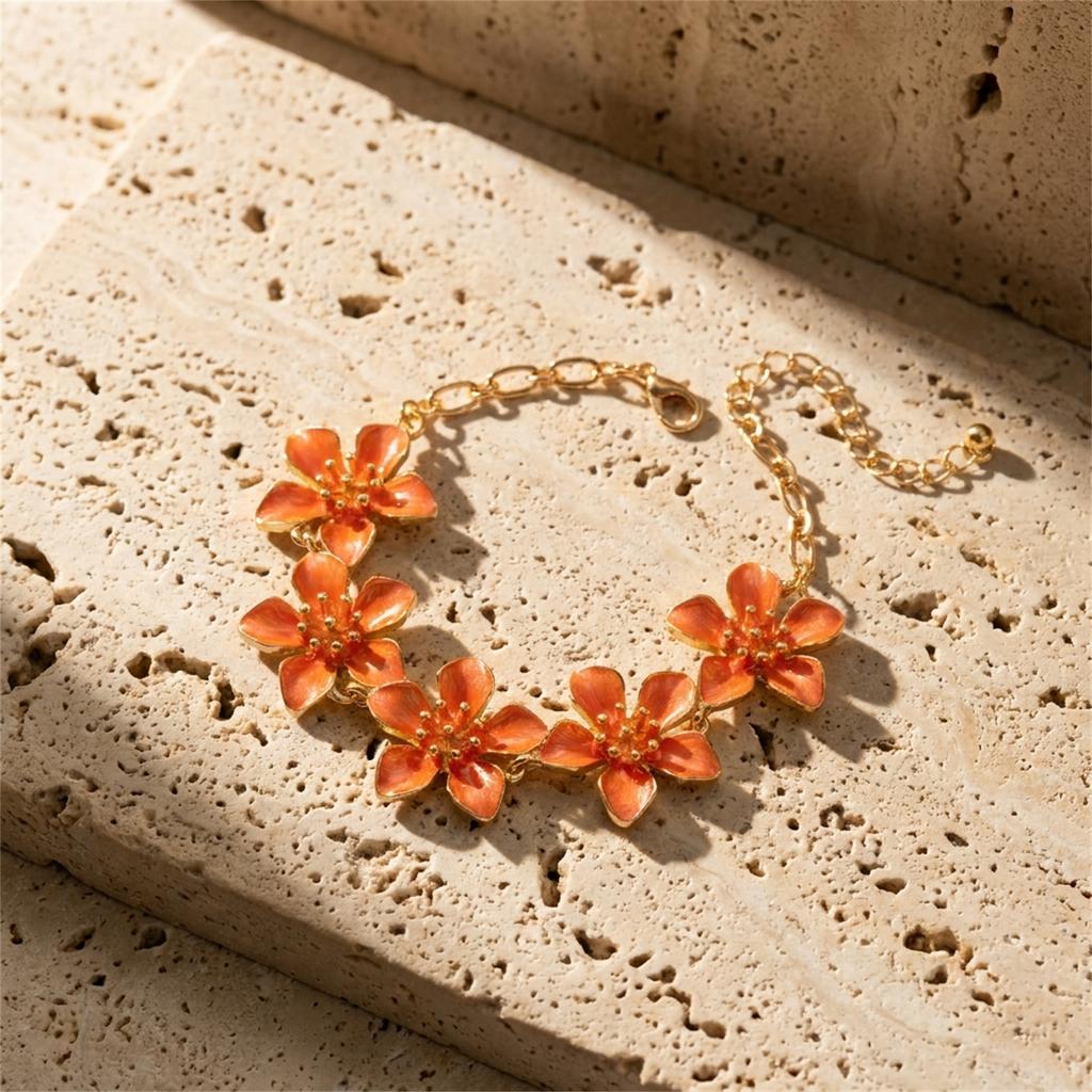 Cavigliera a Fiore Smaltata Arancione per Donna Catena per Piede Floreale Regolabile Bohemian Spiaggia Vacanza Estiva Accessori Gioielli per Piede