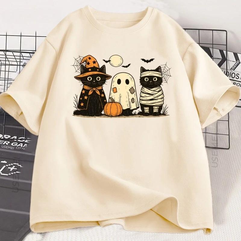 Mens Printed 100 Cotton ShortSleeved Pumpkin Ghost and Black Cat Pattern Casual LooseFitting Comfortable TShirt