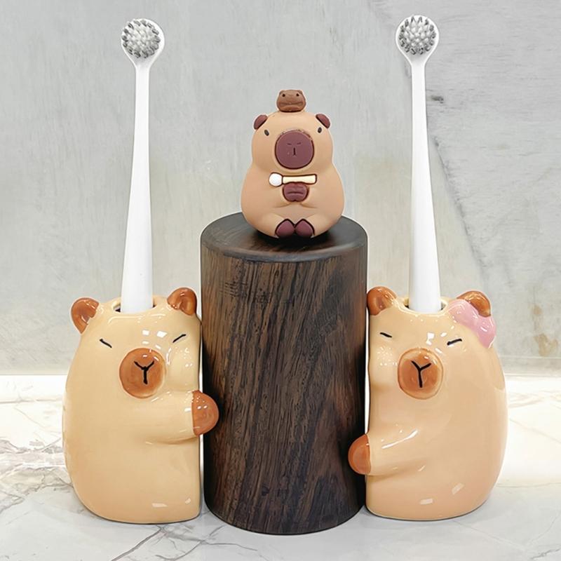 2Pack Ceramic Capybaras Toothbrush Holder Set For Couple Cute Animal Shapeds Bathroom Countertop Organizers