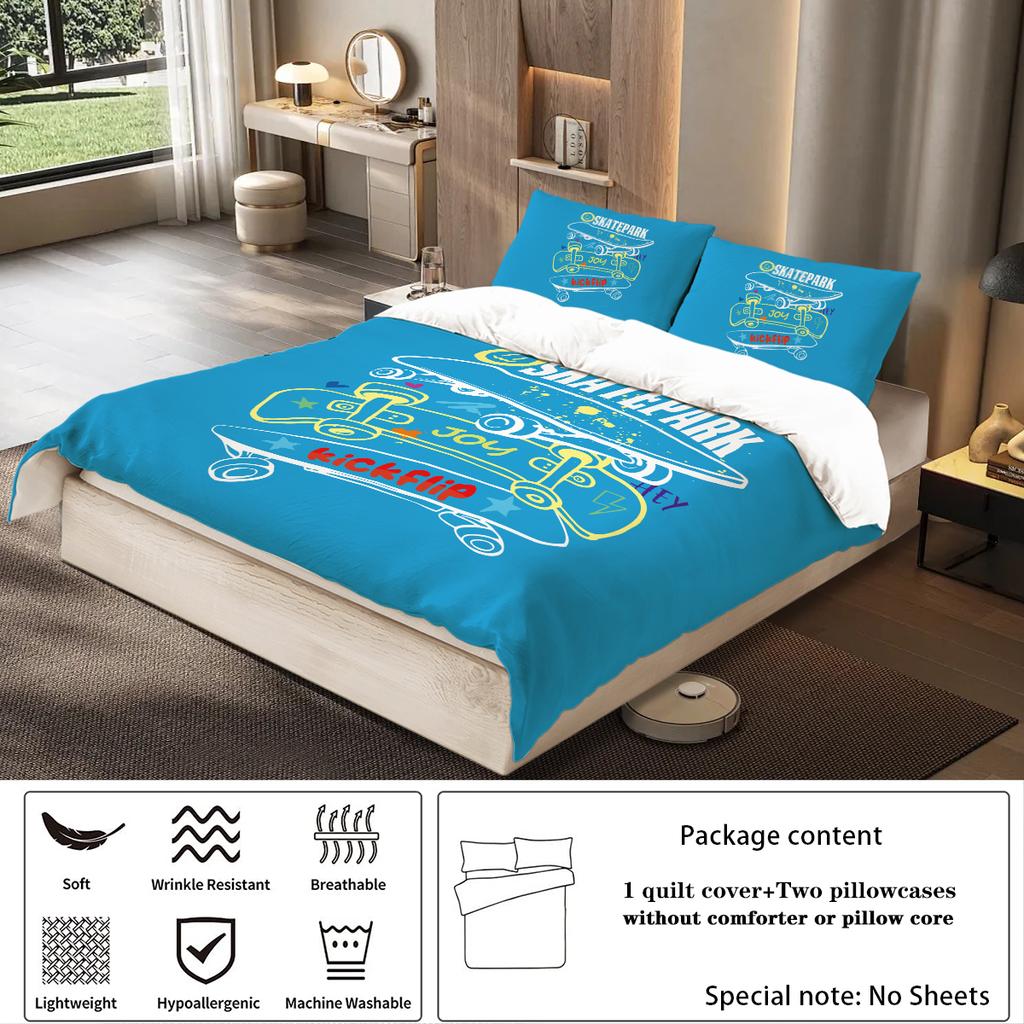 3-piece set, cartoon skateboard pattern printed bedding set, queen, king, double bed, party  funny and creative bedding set