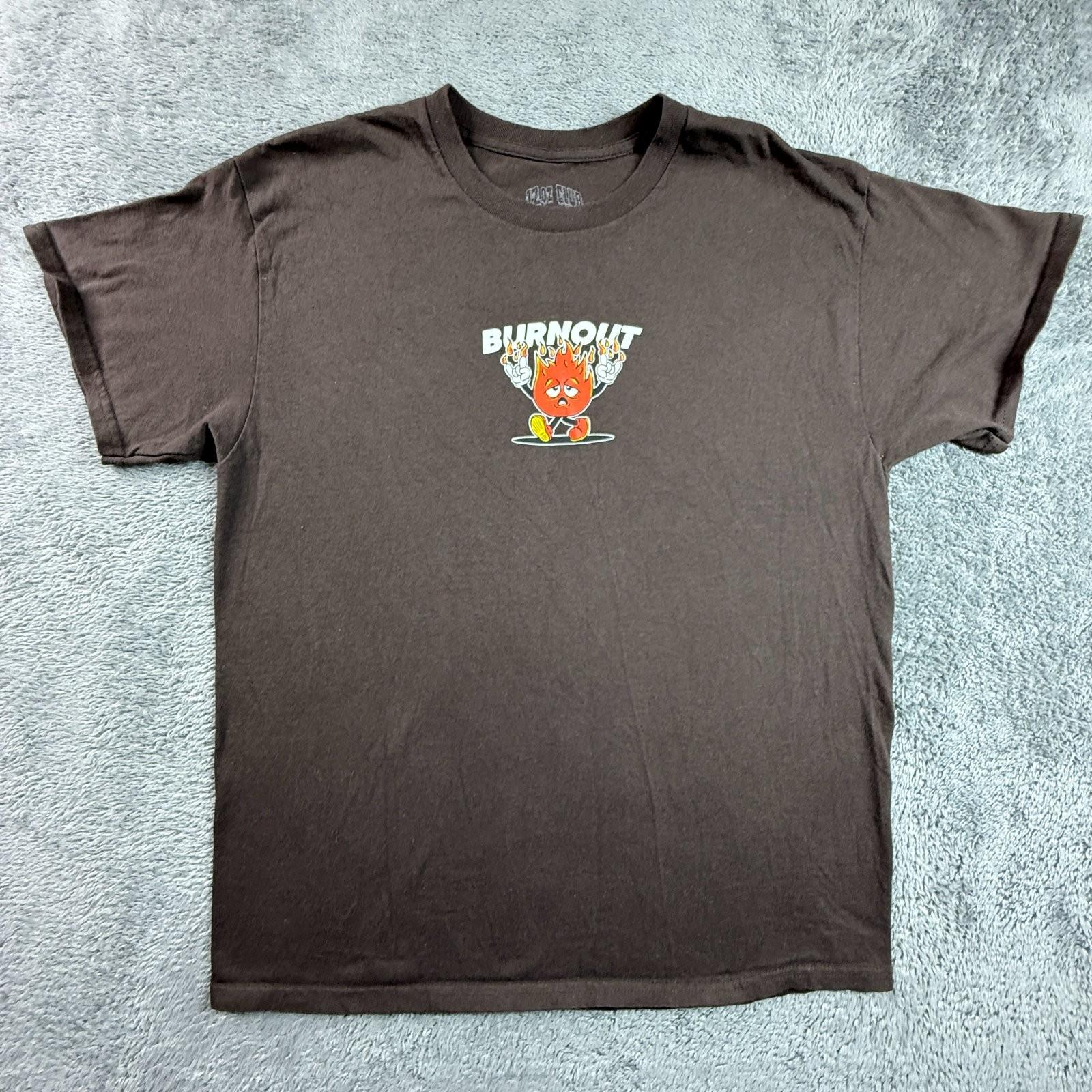 12oz Club Burnout Tee L Brown Cotton Crew Neck Fire Graphic Streetwear Unisex T-Shirt S