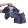 Dreiteiliger Sommeranzug im koreanischen Stil aus Denim-Jacquard für Mädchen