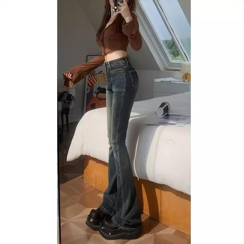 Retro Cement Gray High-Waist Flared Stretch Jeans - 2024 Winter Collection