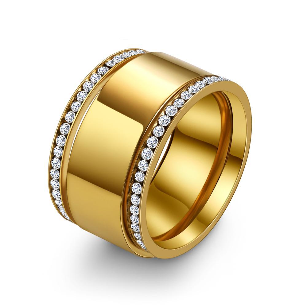 European-American High-Gloss Diamond Inlaid Ring: Minimalist Luxury, 18K Gold-Plated Titanium Steel, Wide Band Design