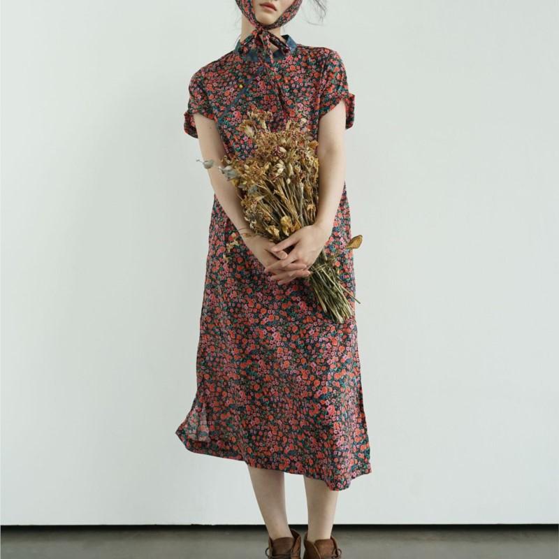 Johnature Women Vintage Print Floral A-Line Dresses Cotton Stand Short Sleeve Summer Chinese Style Dress