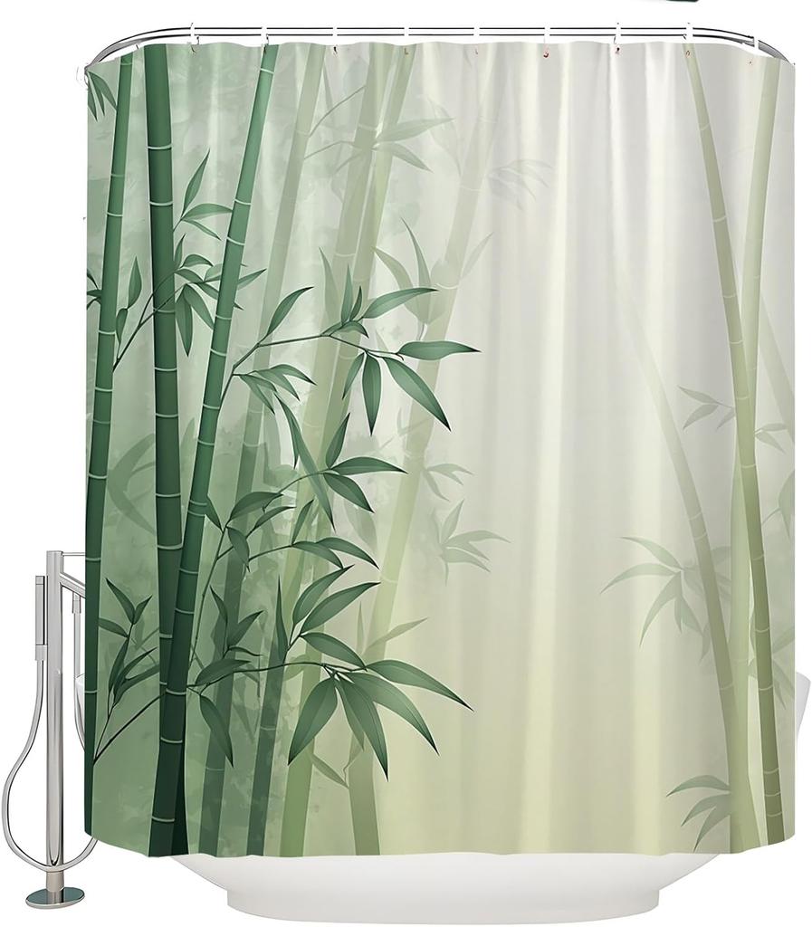 Bamboo Shower Curtain Watercolor Green Bamboo Plant Rustic Nature Spa Forest Tree Japanese Asian Art Scenic Fresh Spring