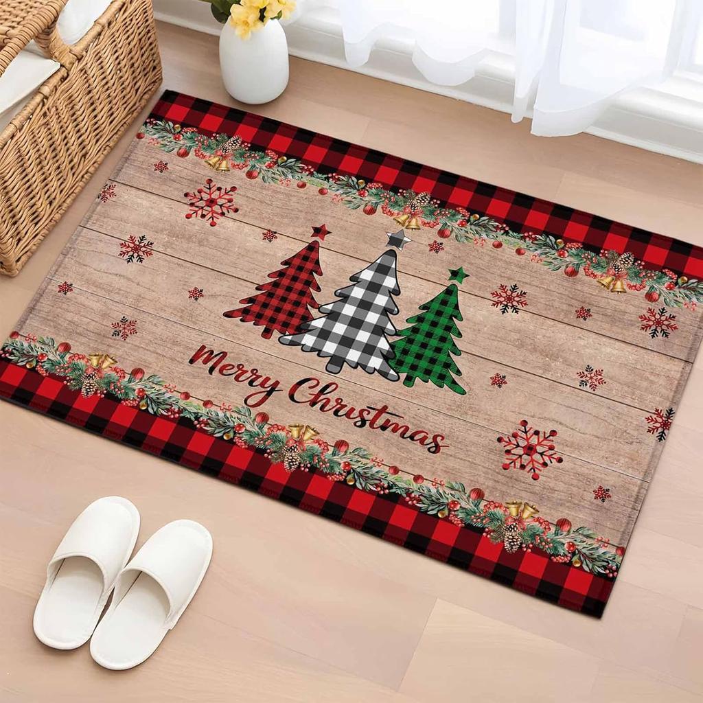 VIKAMA Retro Christmas Tree Entrance Rug Anti-Slip Kitchen Laundry Room Floor Mat Winter Welcome Door Mat Home Decoration