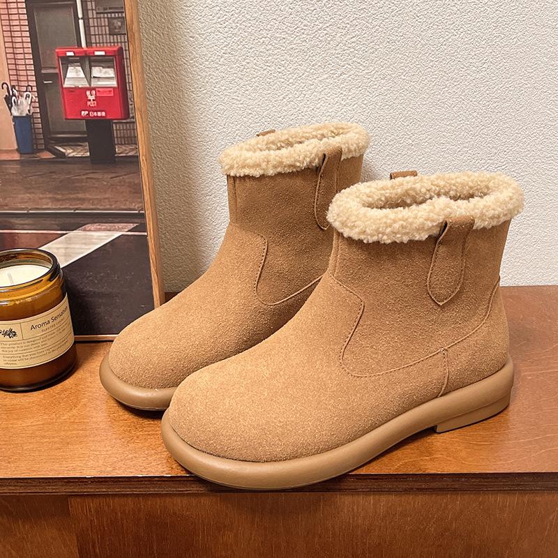 

6059-3 Huiliya осень-зима 2025 новые сапоги женские флисовые зимние сапоги с круглым носком на рукаве пушистые женские короткие сапоги тренд 35 жёлтый