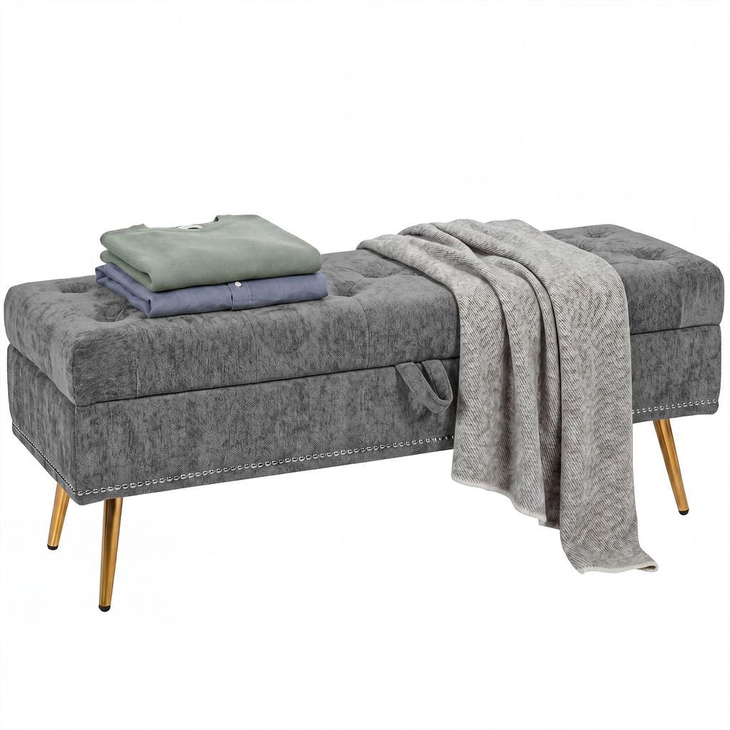 Storage Ottoman, Chenille Upholstered Ottoman Storage Box with Padded Seat, Metal Legs, 114 x 41 x 45 cm, Grey