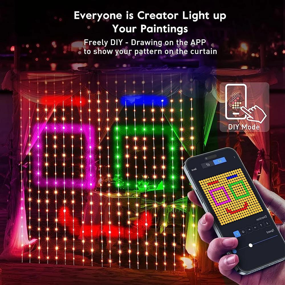 Smart Curtain String Lights App Control Ws2812b 400led DIY Fairy Light Text Pattern Programmable Music Sync Remote Curtain Light