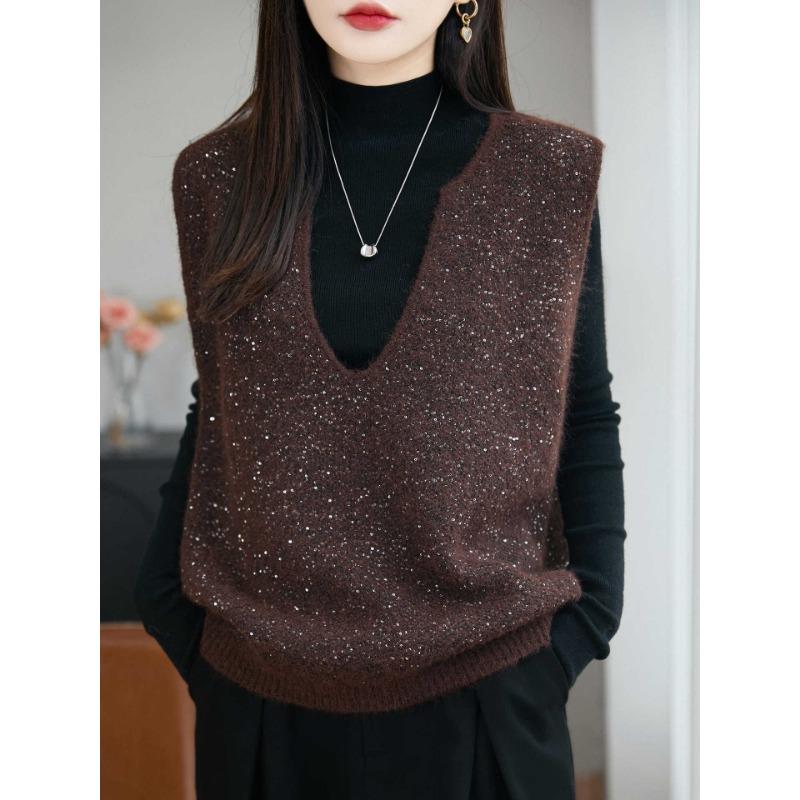 French Style V Neck Sequin Sleeveless Knit Vest Women Casual Layering Top