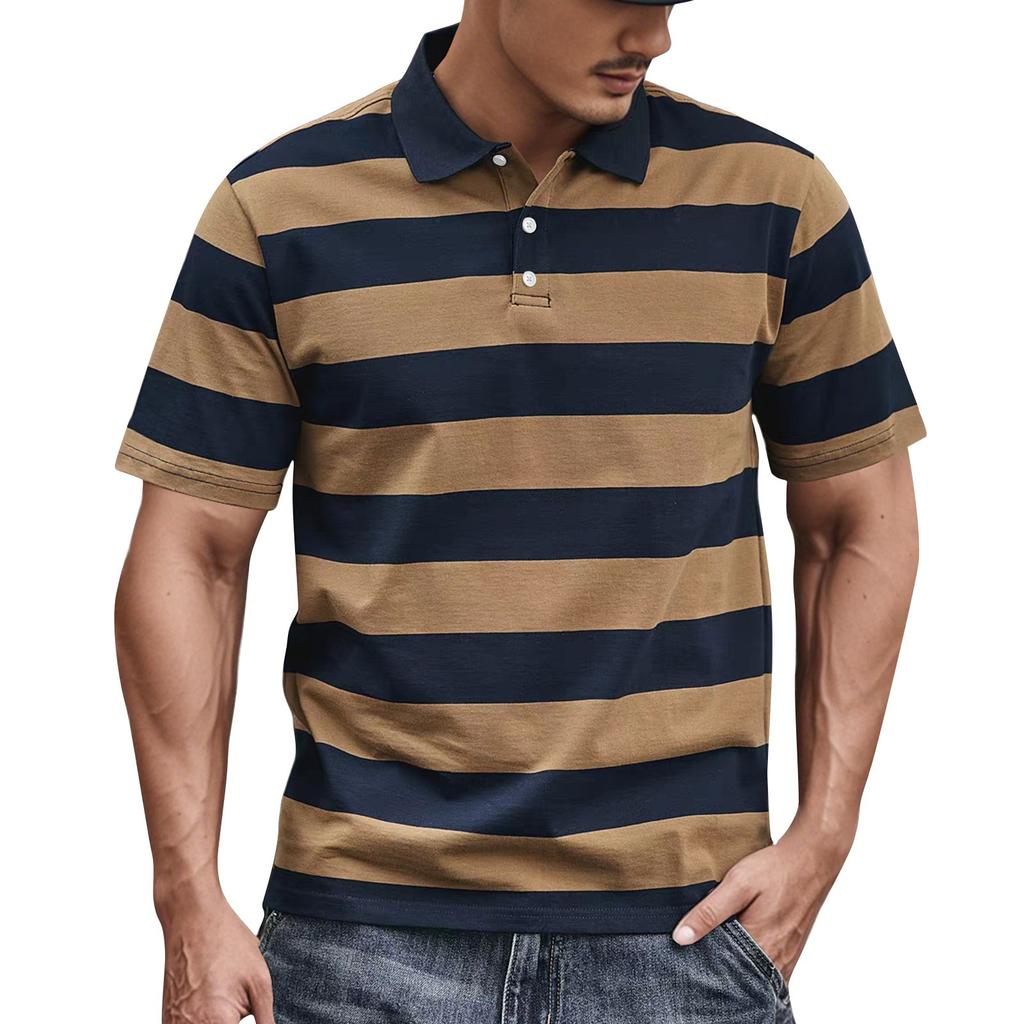 Men's Summer Stripe Print Button Lapel Loose Short Sleeve Top