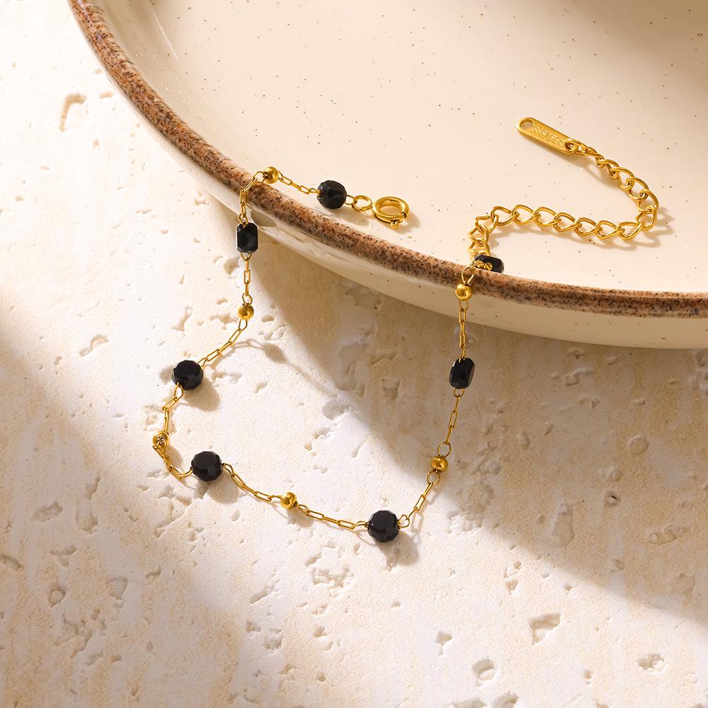 European and American fashion temperament black glass bead bracelet bracelet, 18k gold plated stainless steel light luxury bead chain jewelry