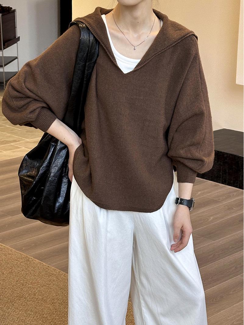 

Juzhi 2024 Осенний свитер с V-образным вырезом: Уютный, свободный крой, мягкий однотонный дизайн One Size кофейный