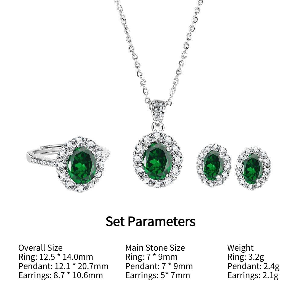 925 Sterling Silver Fashion Green Zircon Ring Pendant Necklace Earrings 3-piece Set Birthday Anniversary Gift Ladies Jewelry