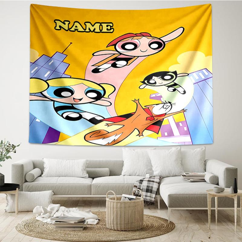 Custom Name The Powerpuff Girls Print Tapestry, Backdrop, Easy Setup, Ideal for Bedroom, Office & Living Room, with Aesthetic Wall Hanging Decor.