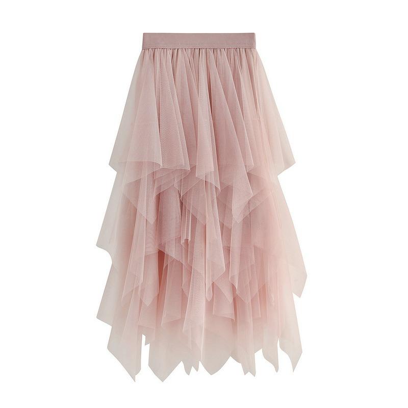 Damen Frühling Asymmetrischer Mesh Midi Rock - Hohe Taille Transparente Einsätze Schlankmachender Rock mit Fließendem Lagen-Design