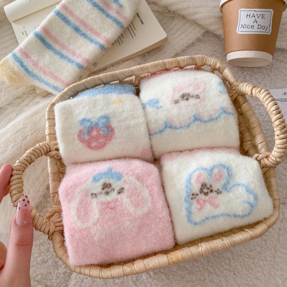 Pink Australian Fleece Thickened Warm Mid-calf Socks for Women's Autumn and Winter, Strawberry Cartoon Rabbit Bow Sleep Floor Socks