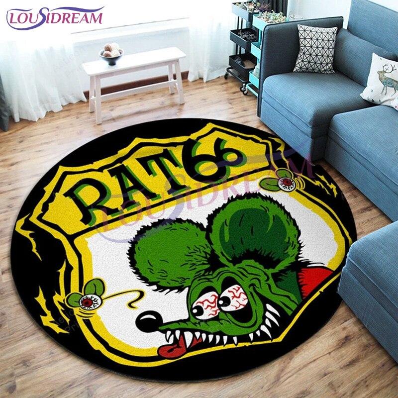 Tappeto Rotondo Garage Hot Rod Rat Fink Retrò, Tappetino Decorativo Artistico Personalizzato, Tappeto da Area Lavabile Antiscivolo per Camera da Letto e Ufficio