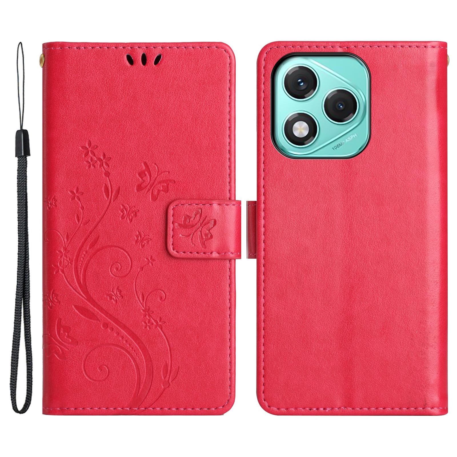 

For Honor 400 Lite 5G Leather Wallet Case Butterfly Flower Imprinted Phone Cover with Strap Red