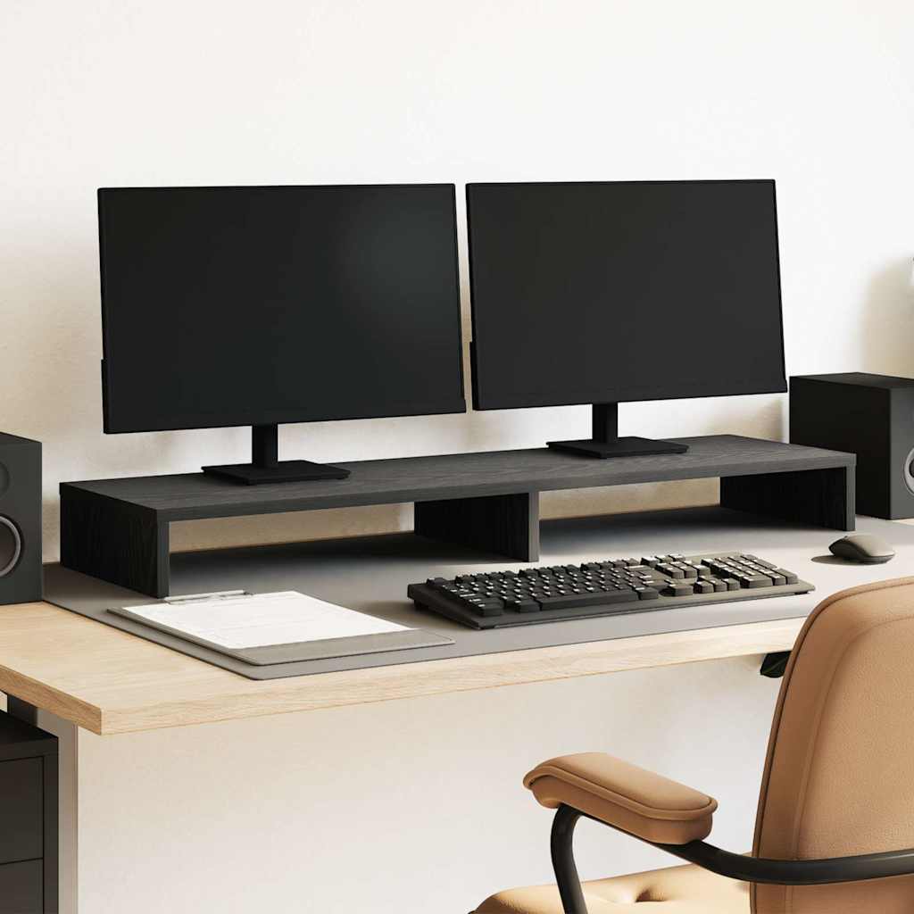 Dual Monitor Stand Black Oak Effect 100 X 27 X 10 Cm Engineered Wood